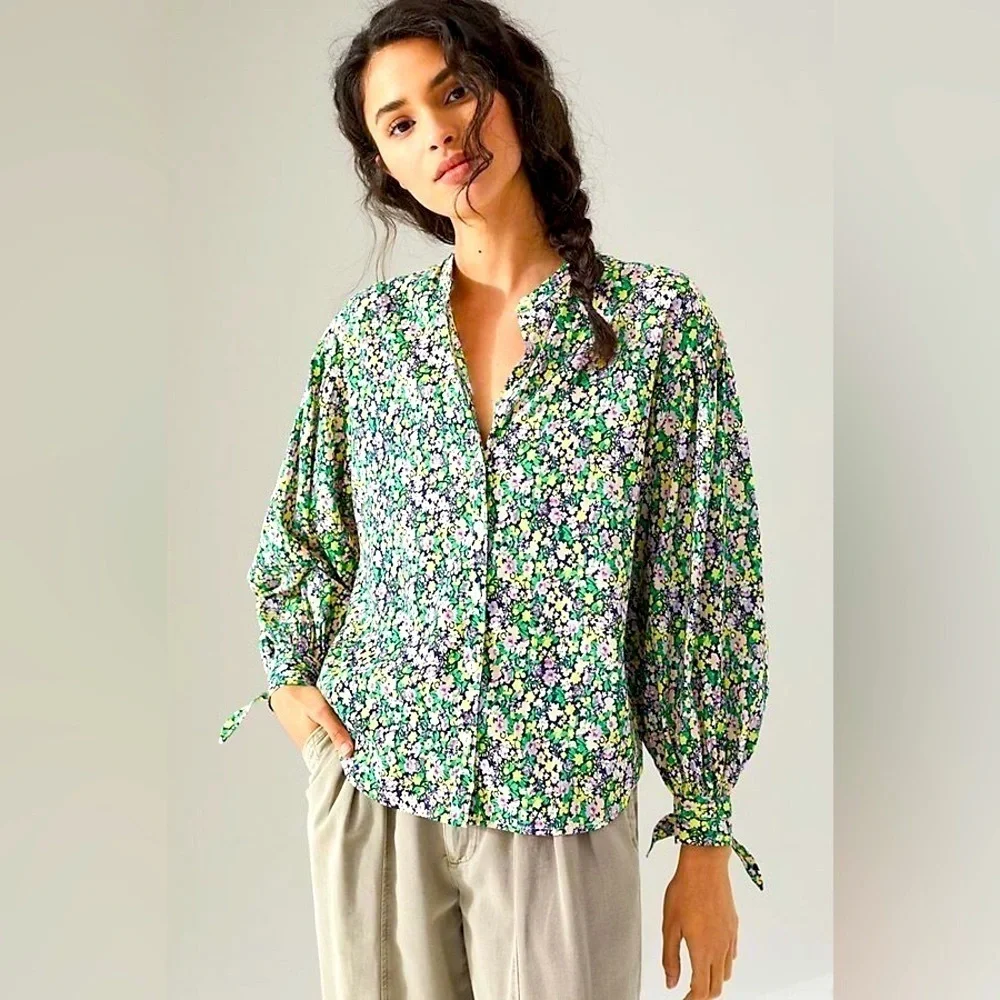 Anthropologie - Maeve Ashleigh Puff Sleeved Floral Button Down Blouse Size Small